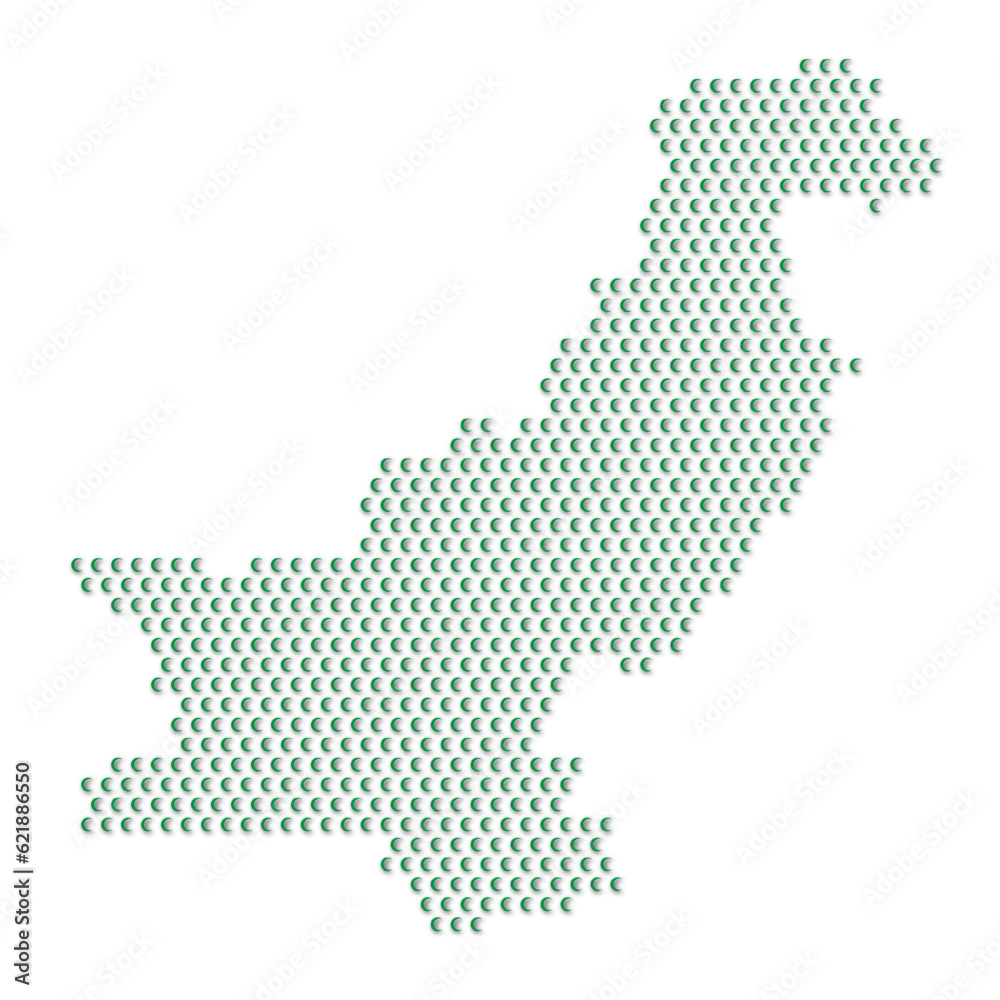 Map of the country of Pakistan with green half moon icons texture on a white background