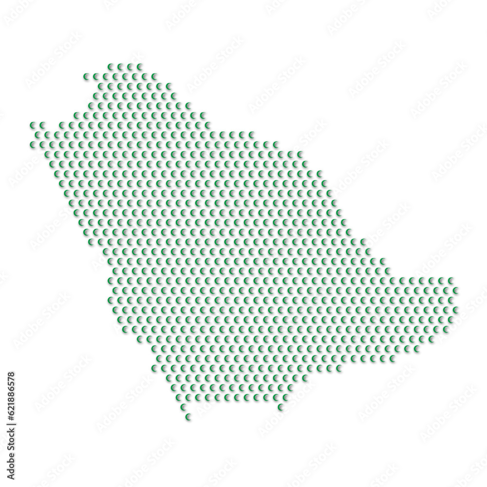 Map of the country of Saudi Arabia with green half moon icons texture on a white background
