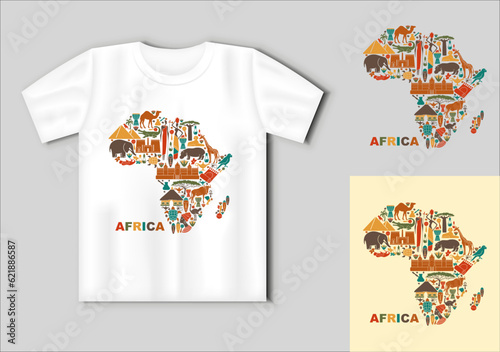Traditional symbols of Africa in the form of a map. Travel concept with t-shirt mockup