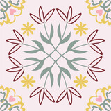 Beautiful seamless pattern with watercolor hand drawn floral dutch style tiles . Stock illustration.