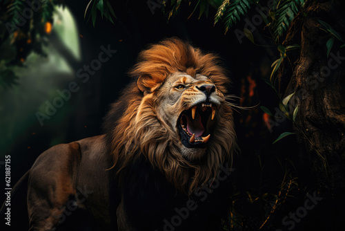 Roar of the King. A majestic lion roaring with pride  isolated on a solid green background. Regal power and majesty concept. AI Generative