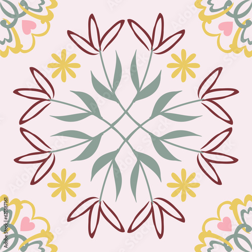 Beautiful seamless pattern with watercolor hand drawn floral dutch style tiles . Stock illustration.