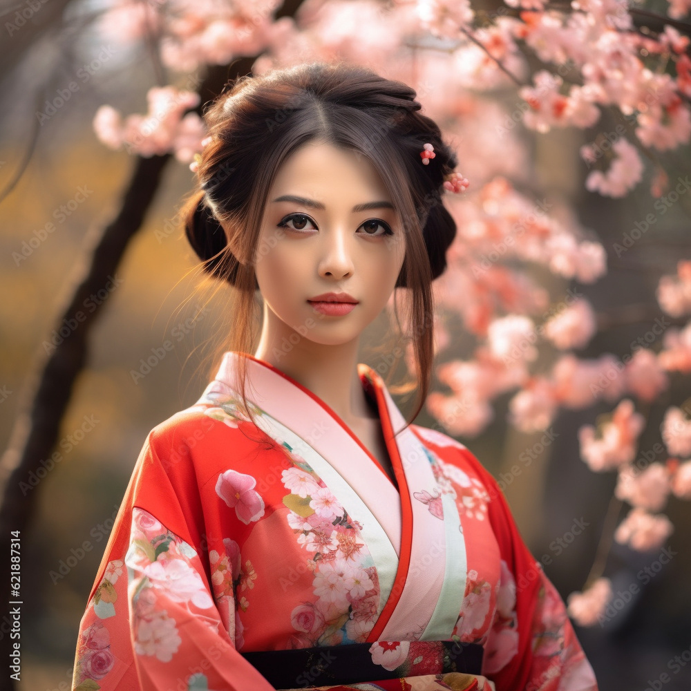 Generative ai. Asian girl traditional kimono and cherry garden