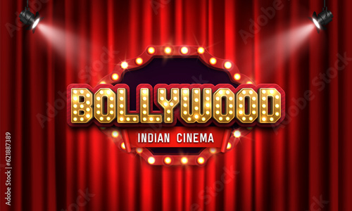 Bollywood indian cinema. Movie banner or poster on red curtain background illuminated by spotlights. Vector illustration.