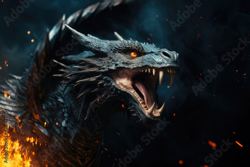 Roar of the Dragon. A majestic dragon roaring with pride and spitting fire, isolated on a solid blue background. Mythical power and awe-inspiring presence concept. AI Generative