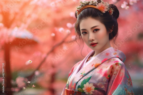 Generative ai. Asian girl traditional kimono and cherry garden photo