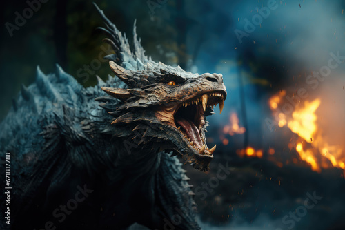 Roar of the Dragon. A majestic dragon roaring with pride and spitting fire, isolated on a solid blue background. Mythical power and awe-inspiring presence concept. AI Generative