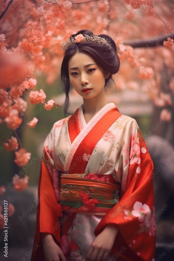 Generative ai. Asian girl traditional kimono and cherry garden Generative ai. Asian girl traditional kimono and cherry garden