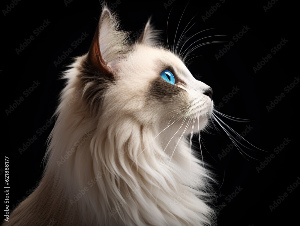 Profile view of Ragdoll Cat, isolated on a dark background (Generative AI) Profile view of Ragdoll Cat, isolated on a dark background (Generative AI)