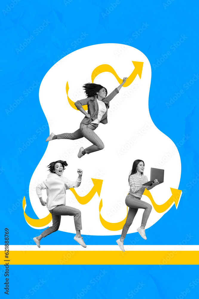 Collage ketch image of excited ladies working modern devices running purpose together isolated painting background Collage ketch image of excited ladies working modern devices running purpose together isolated painting background