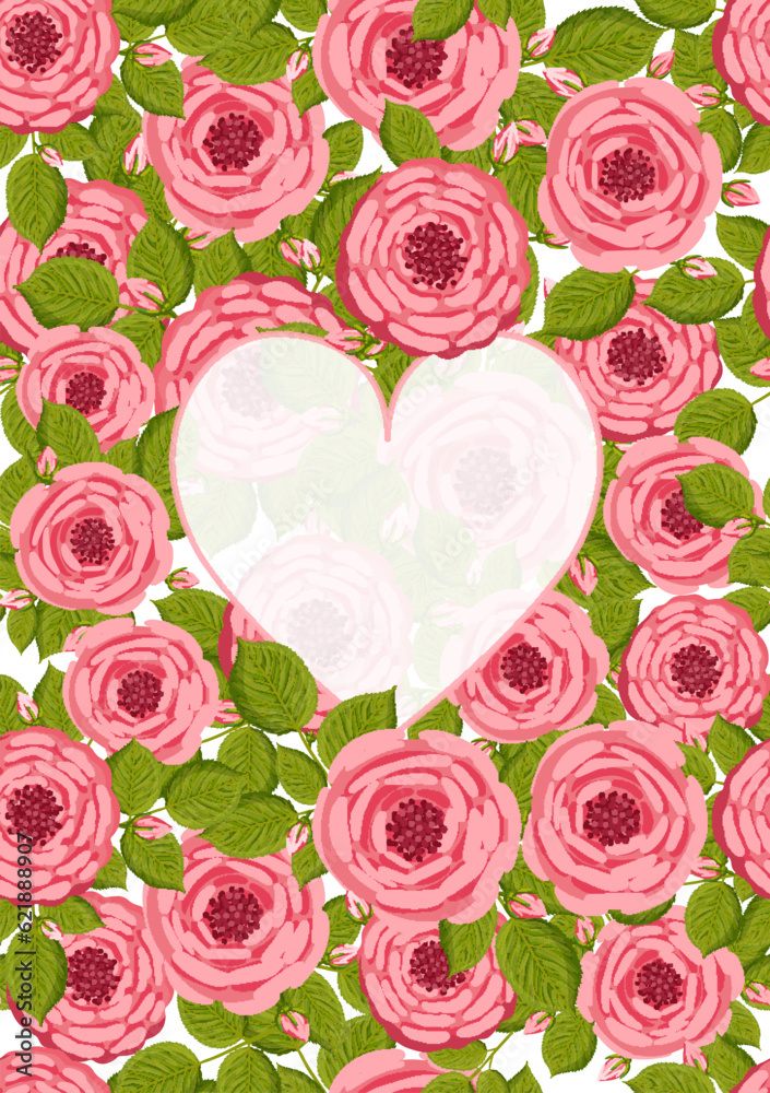 Seamless pattern for postcard and poster with blooming roses. Vector floral illustration for congratulations or decor etc. Festive template with hearts, you can add text. Seamless pattern for postcard and poster with blooming roses. Vector floral illustration for congratulations or decor etc. Festive template with hearts, you can add text.