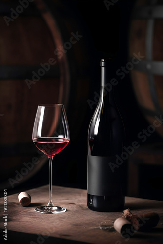 Bottle and glass of red wine on wooden table in cellar of winery