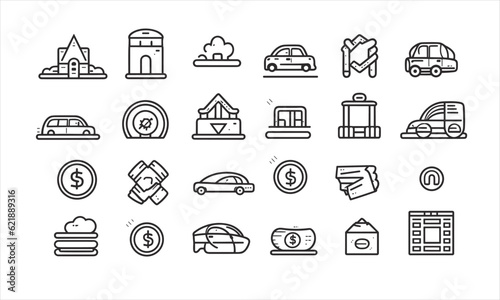 Line-style web icons for loans and credit. Rate of interest, calculator, credit card, deposit, car leasing, income, rating, and collection