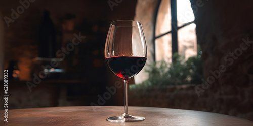 Glass of red wine on wooden table in cellar of winery