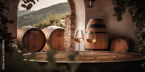 Glasses of white wine on background of wooden oak barrels in winery © tynza