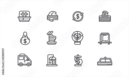 Line-style web icons for loans and credit. Rate of interest, calculator, credit card, deposit, car leasing, income, rating, and collection