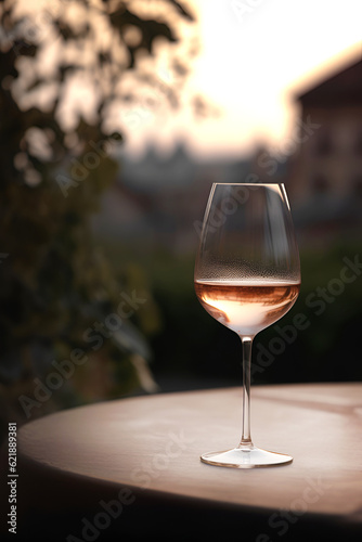 Glass of white wine on the table outdoors on blurred natural background
