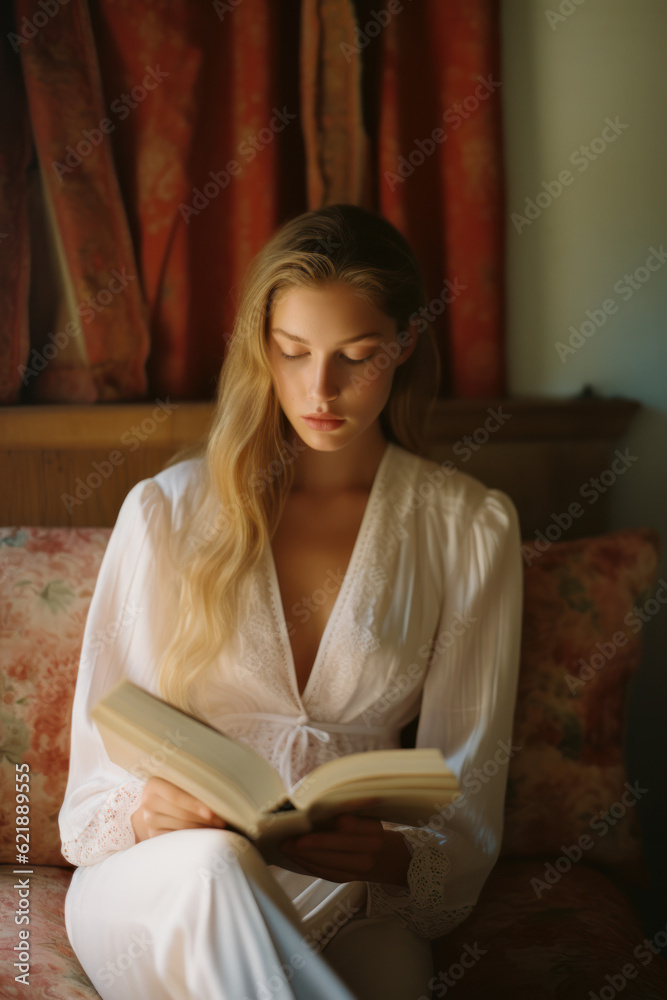 portrait of a woman/model/book character reading a book in daylight living room in a fashion/beauty editorial magazine style film photography look - generative ai art portrait of a woman/model/book character reading a book in daylight living room in a fashion/beauty editorial magazine style film photography look - generative ai art
