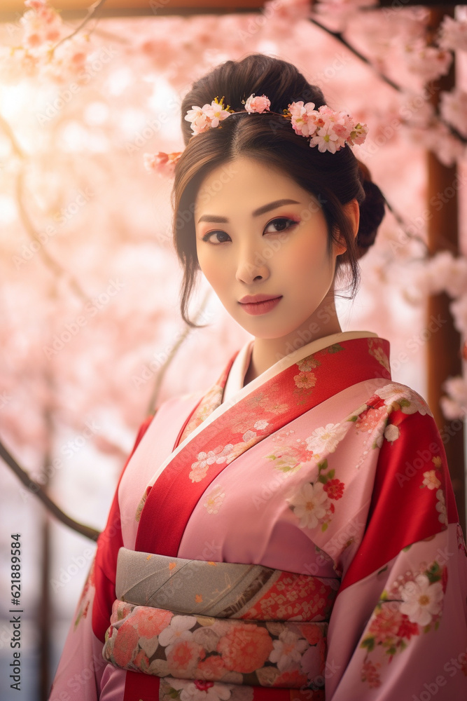Generative ai. Asian girl traditional kimono and cherry garden