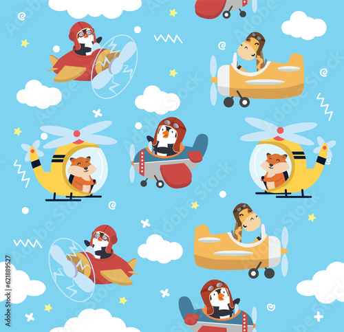 Kid pilot animal flying air plane seamless pattern