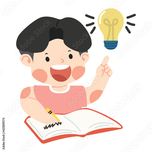 Kid boy writing in a book with idea lamp