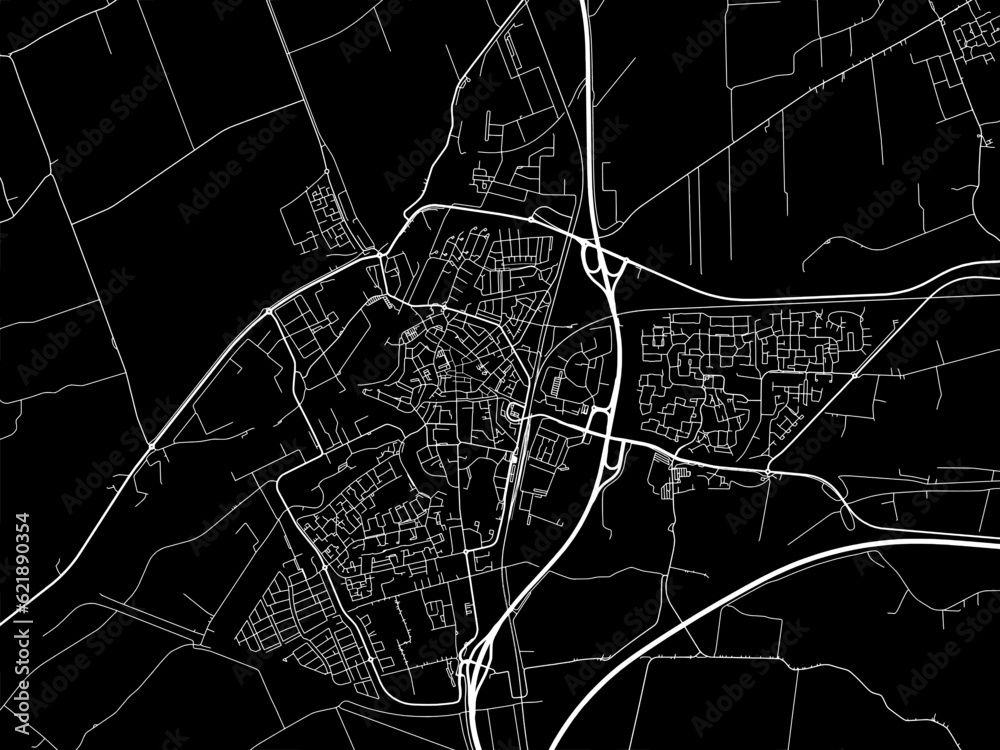 Vector road map of the city of  Meppel in the Netherlands with white roads on a black background.