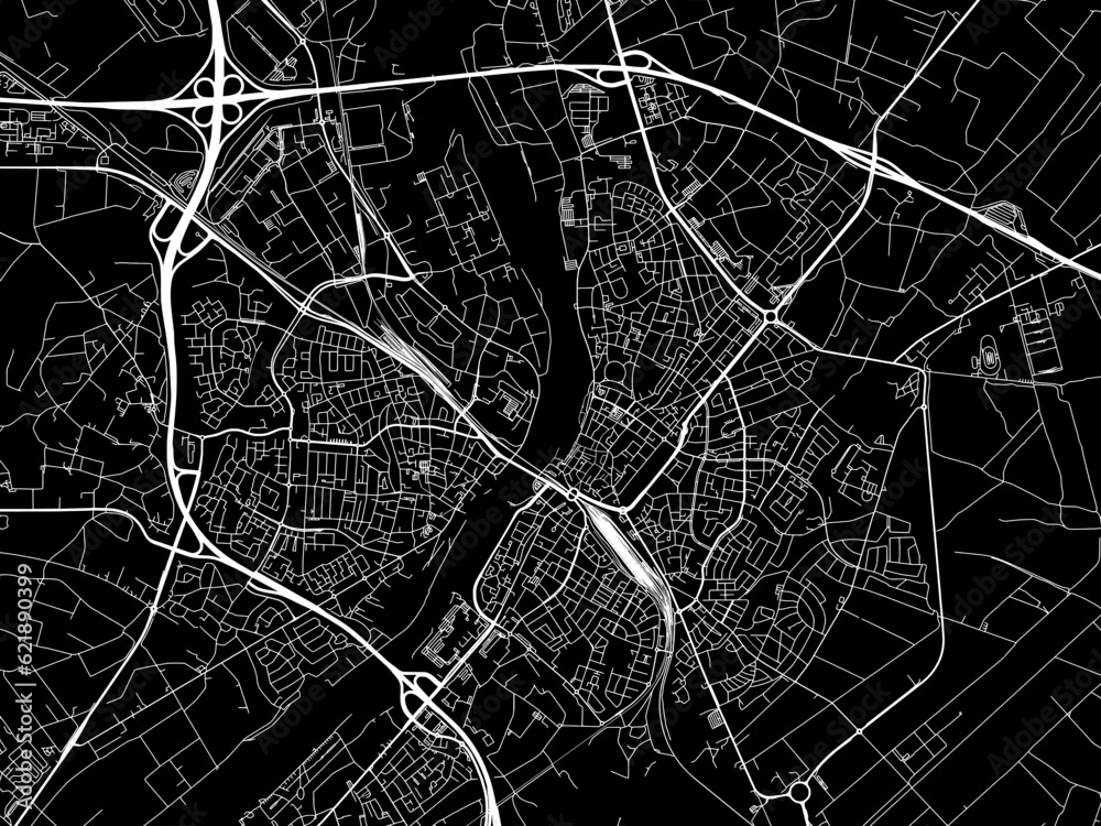 Vector road map of the city of  Venlo in the Netherlands with white roads on a black background.