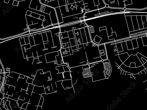 Vector road map of the city of  Almere Centrum in the Netherlands with white roads on a black background.