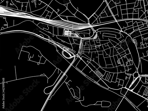 Vector road map of the city of  Arnhem Centrum in the Netherlands with white roads on a black background.