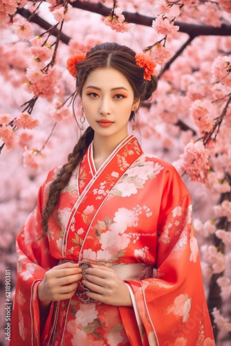 Generative ai. Asian girl traditional kimono and cherry garden