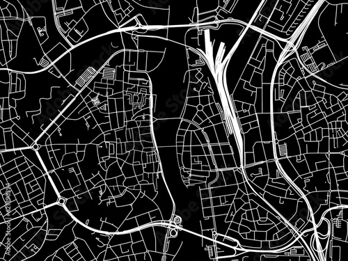 Vector road map of the city of  Maastricht Centrum in the Netherlands with white roads on a black background.