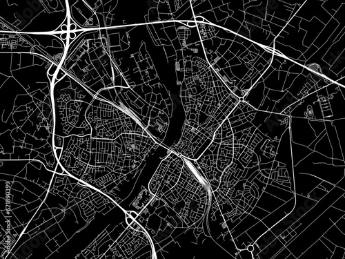 Vector road map of the city of Venlo in the Netherlands with white roads on a black background.
