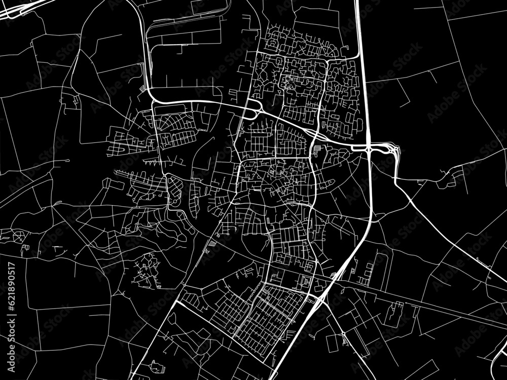 Vector road map of the city of  Oosterhout in the Netherlands with white roads on a black background.