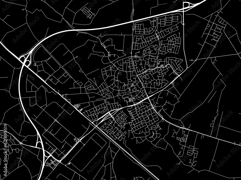 Vector road map of the city of  Veghel in the Netherlands with white roads on a black background.