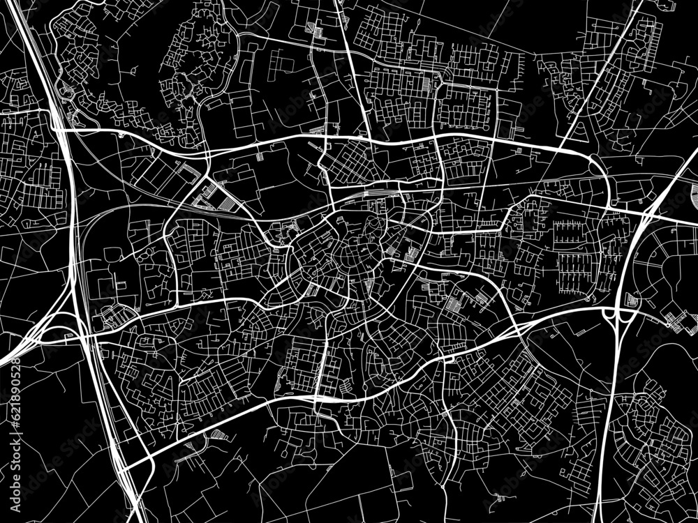 Vector road map of the city of  Breda in the Netherlands with white roads on a black background.