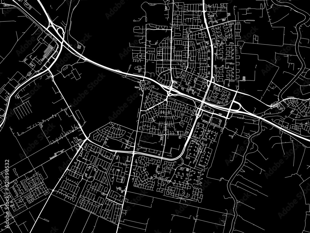Vector road map of the city of  Amstelveen in the Netherlands with white roads on a black background.
