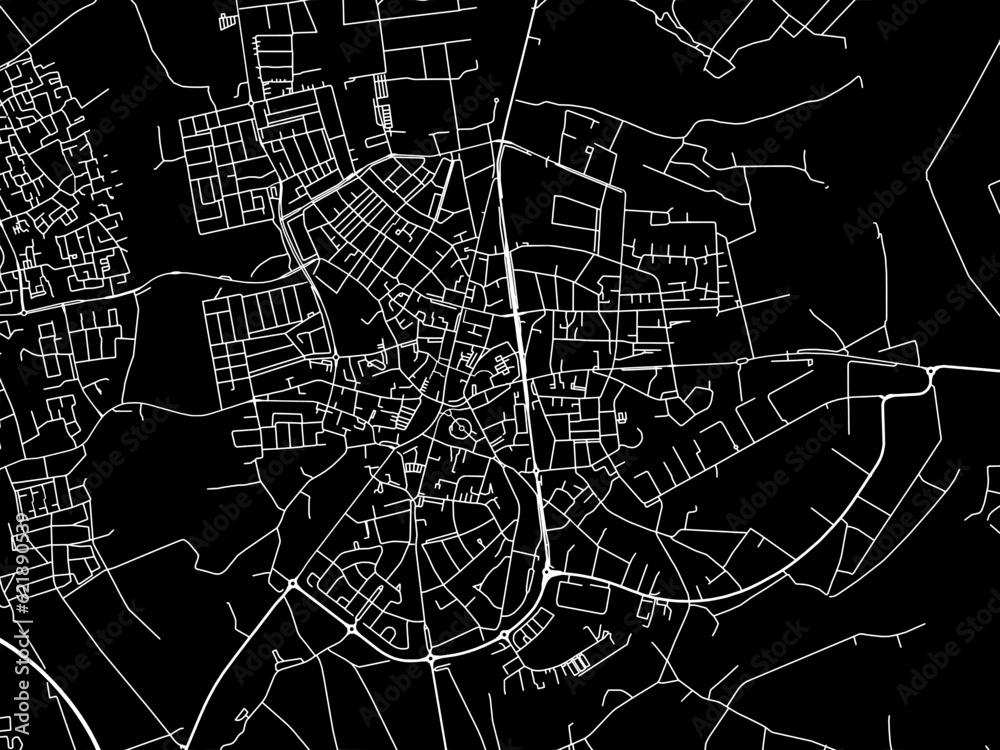 Vector road map of the city of  Valkenswaard in the Netherlands with white roads on a black background.
