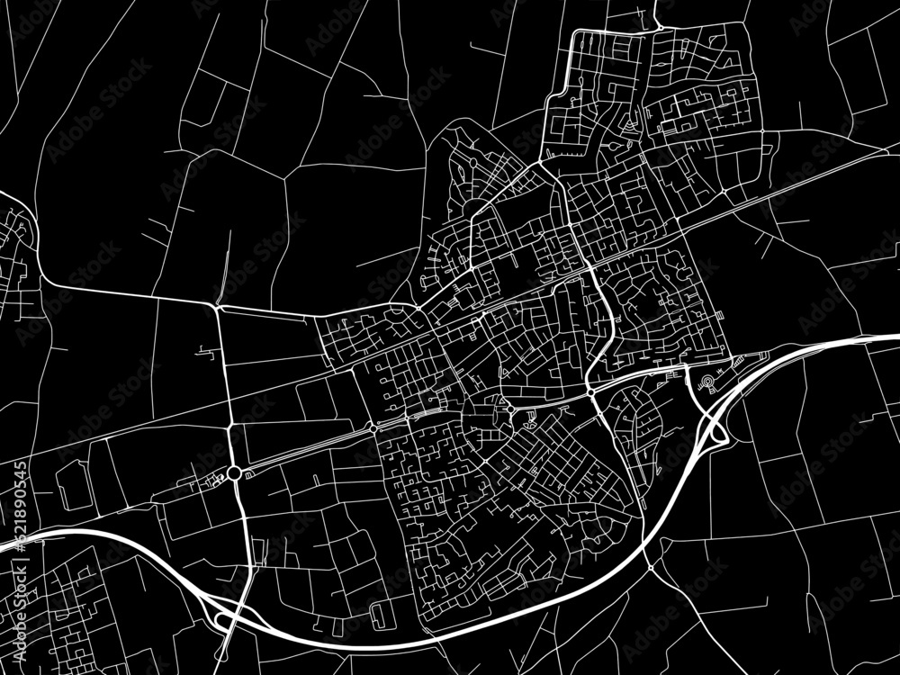 Vector road map of the city of  Etten-Leur in the Netherlands with white roads on a black background.