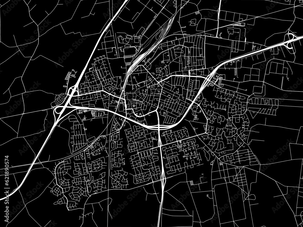Vector road map of the city of  Roosendaal in the Netherlands with white roads on a black background.