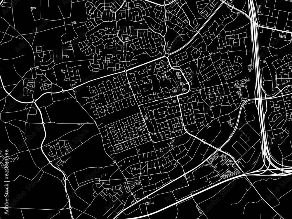 Vector road map of the city of  Veldhoven in the Netherlands with white roads on a black background.