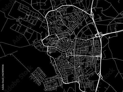 Vector road map of the city of  Bergen op Zoom in the Netherlands with white roads on a black background.