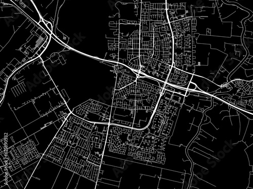 Vector road map of the city of  Amstelveen in the Netherlands with white roads on a black background.