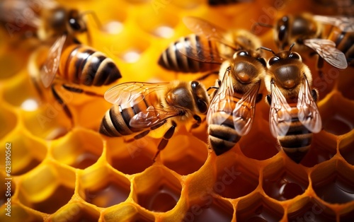 A close up of bees on a honeycomb. AI
