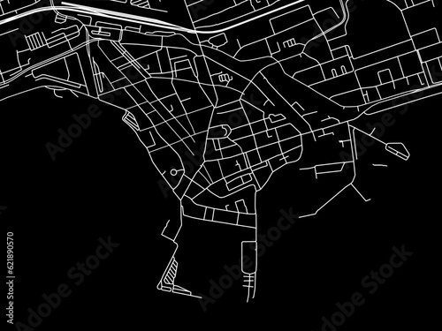 Vector road map of the city of  Hoorn Centrum in the Netherlands with white roads on a black background.