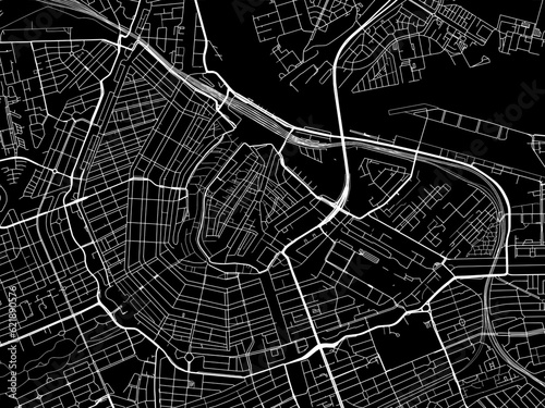 Vector road map of the city of  Amsterdam Centrum in the Netherlands with white roads on a black background.
