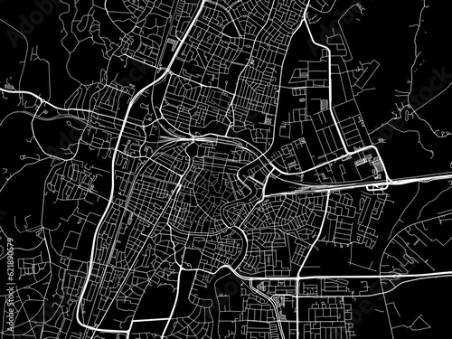 Vector road map of the city of  Haarlem in the Netherlands with white roads on a black background.