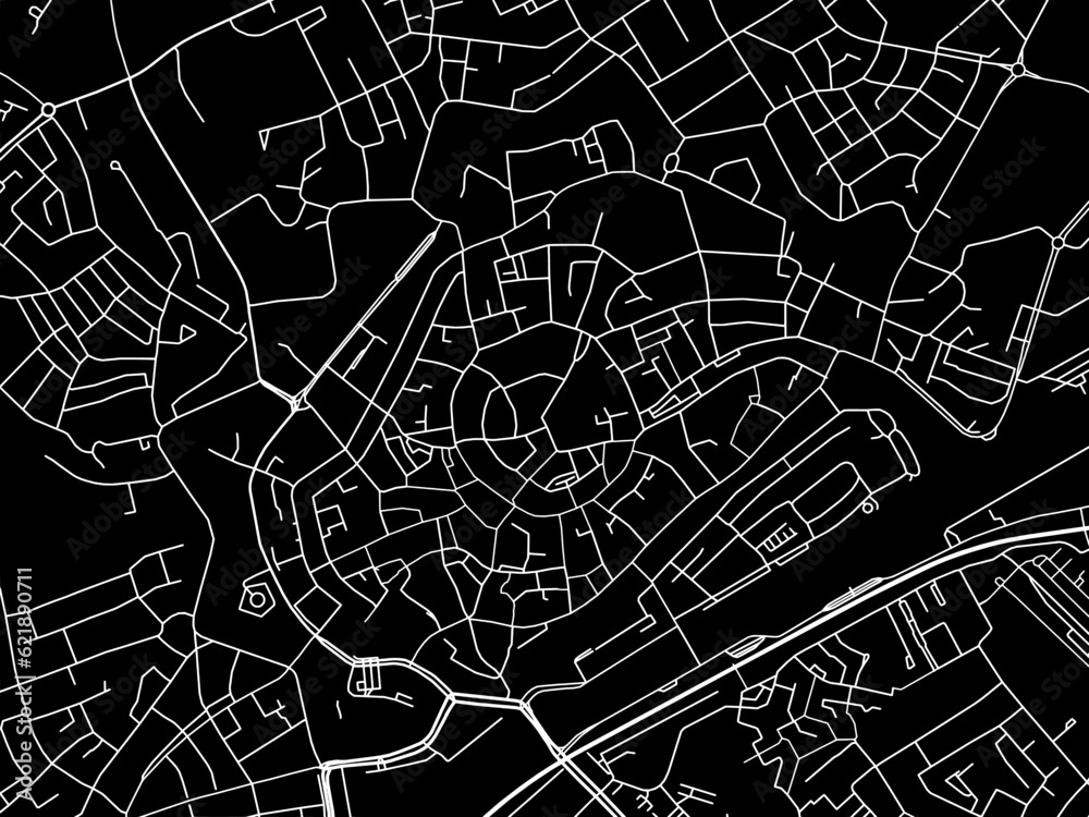 Fototapeta premium Vector road map of the city of Middelburg Centrum in the Netherlands with white roads on a black background.