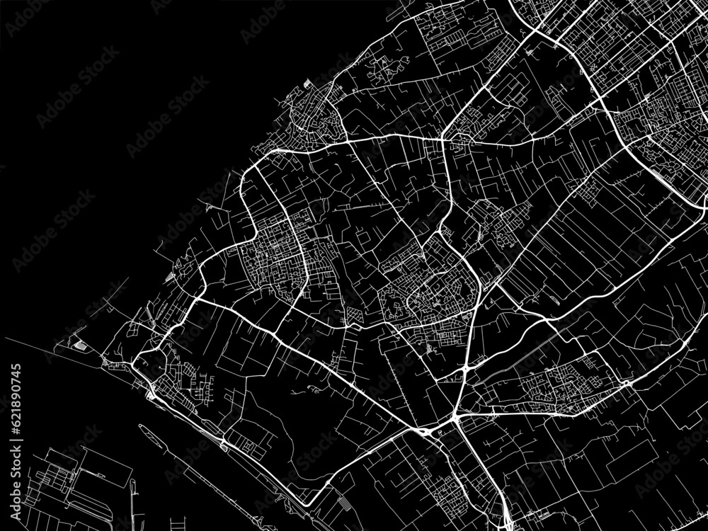 Vector road map of the city of  Westland in the Netherlands with white roads on a black background.