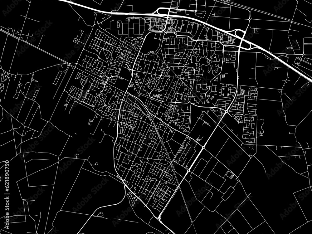 Vector road map of the city of  Veenendaal in the Netherlands with white roads on a black background.