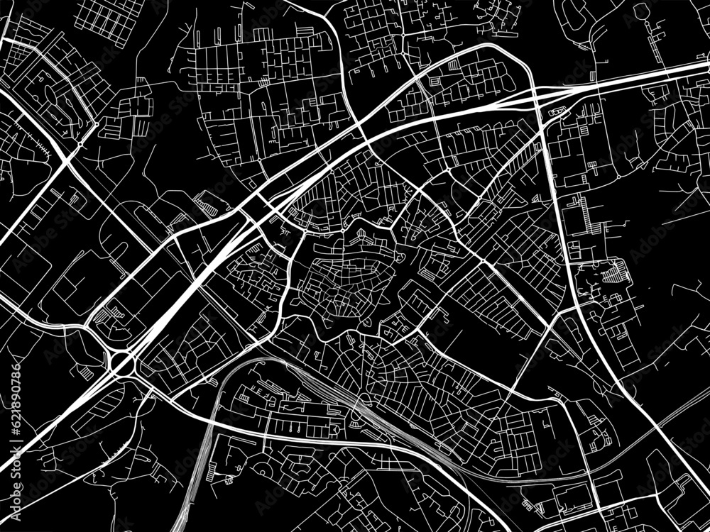 Vector road map of the city of  Zwolle in the Netherlands with white roads on a black background.